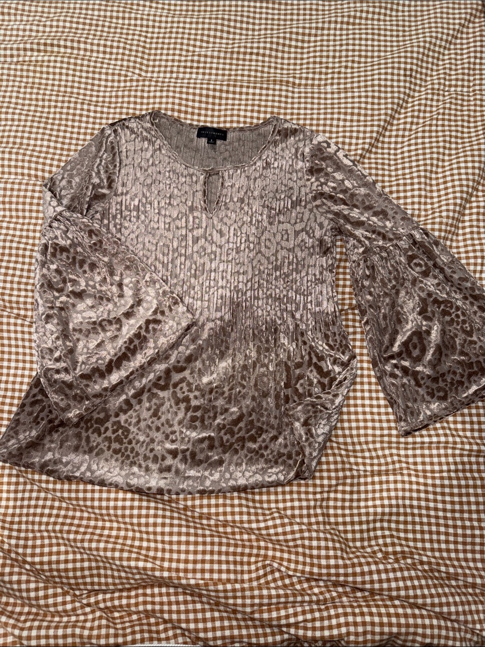 Investments Velvet Animal-Print Bell Sleeve Blouse - Taupe